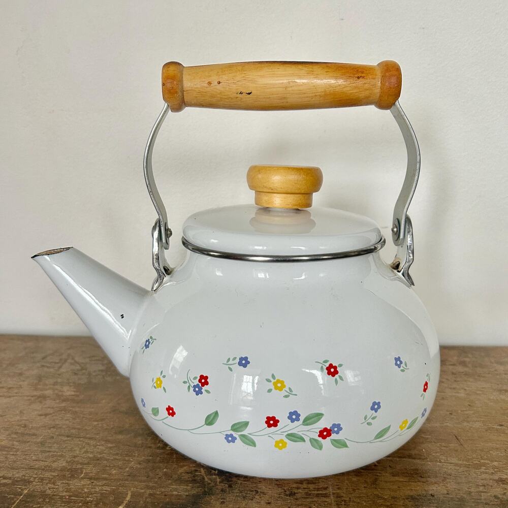 Vintage 80's Floral Enamel Teapot with Wooden Handle Granny Chic Kitchen Kettle